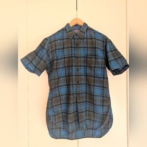 PENDLETON Wool Short Sleeve Button Down Blue And Brown Plaid Shirt